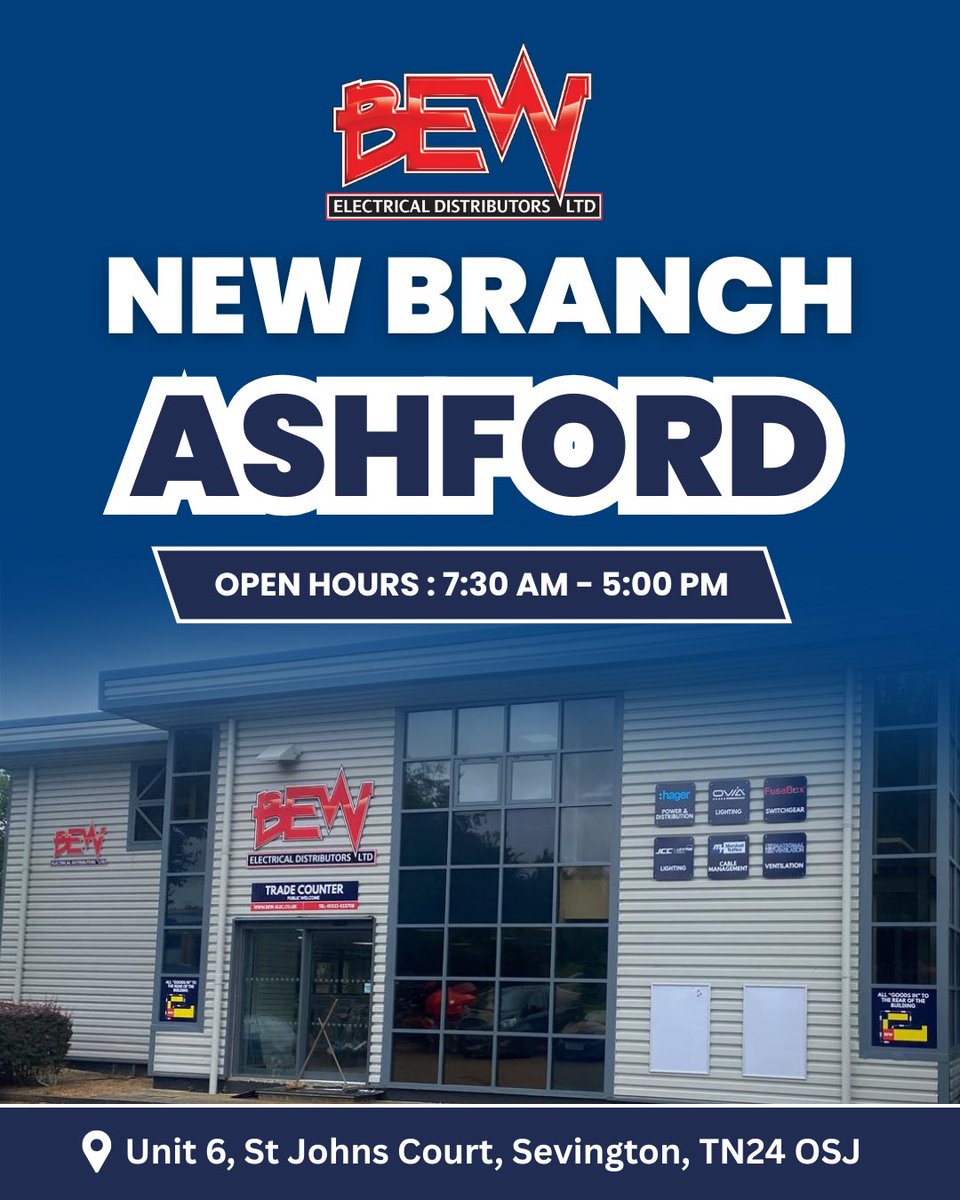 BEW ELECTRICAL (@bew_electrical) on Twitter photo 🚨 NOW OPEN - BEW Ashford! 🚨
Our new BEW branch in Ashford is now open!
Visit us for all your electrical supply needs ⚡
📍 Unit 6, St Johns Court, Sevington, TN24 0SJ
⏰ Open Mon - Fri: 7:30am - 5:00pm
📧 ashford@bew-elec.co.uk
Drop by our new branch and meet the team! 👋 🚨 NOW OPEN - BEW Ashford! 🚨
Our new BEW branch in Ashford is now open!
Visit us for all your electrical supply needs ⚡
📍 Unit 6, St Johns Court, Sevington, TN24 0SJ
⏰ Open Mon - Fri: 7:30am - 5:00pm
📧 ashford@bew-elec.co.uk
Drop by our new branch and meet the team! 👋