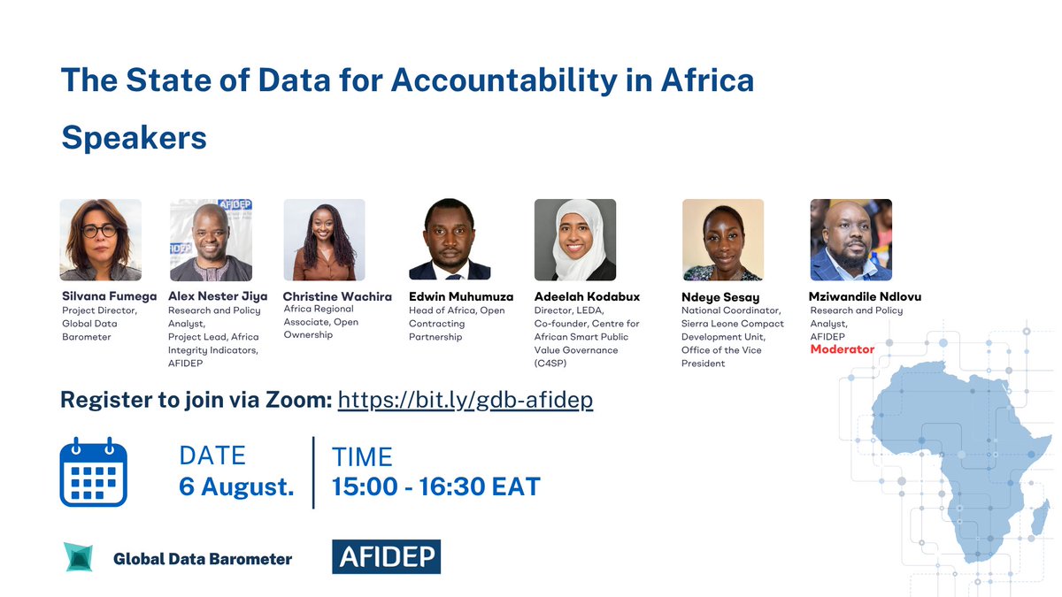 AFIDEP (@afidep) on Twitter photo What does the state of data for accountability in Africa look like?
Join us on 6th August  at 3 pm EAT for a webinar to unpack insights from the Global Data Barometer (<a href="/databarometer/">Global Data Barometer</a>) and AFIDEP’s Africa Integrity Indicators (AII) project on how data is used or should be used What does the state of data for accountability in Africa look like?
Join us on 6th August  at 3 pm EAT for a webinar to unpack insights from the Global Data Barometer (<a href="/databarometer/">Global Data Barometer</a>) and AFIDEP’s Africa Integrity Indicators (AII) project on how data is used or should be used