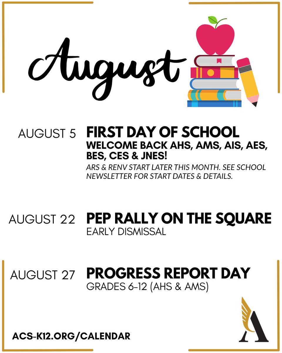 Mark your calendars with important August dates to remember:
*August 5 - 1st Day of School - AHS, AMS, AIS, AES, BES, CES, and JNES 
*August 22 - Pep Rally on the Square (Early Release)
*August 27 - Progress Report Day (AHS &amp; AMS)
#oneAthens #acsbacktoschool