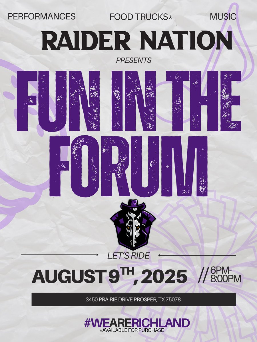 Calling all Raiders‼️ Join us Saturday August 9th at 6pm for Fun in the Forum! We will have food trucks, music, and a variety of performances for everyone to enjoy! We hope to see you out there!
