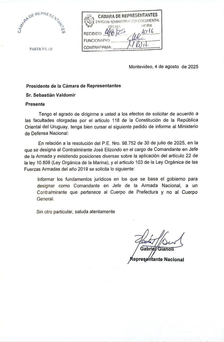 Gabriel Gianoli (@gabrielgianoli) on Twitter photo Solicitamos un pedido de informes a efectos de conocer cuales han sido los fundamentos júridicos de la Sra Ministra <a href="/sandralazo2/">Sandra Lazo</a> para designar como Comandante en Jefe de la Armada Nacional,a un Contralmirante que pertenece al Cuerpo de Prefectura y no al Cuerpo General. Solicitamos un pedido de informes a efectos de conocer cuales han sido los fundamentos júridicos de la Sra Ministra <a href="/sandralazo2/">Sandra Lazo</a> para designar como Comandante en Jefe de la Armada Nacional,a un Contralmirante que pertenece al Cuerpo de Prefectura y no al Cuerpo General.
