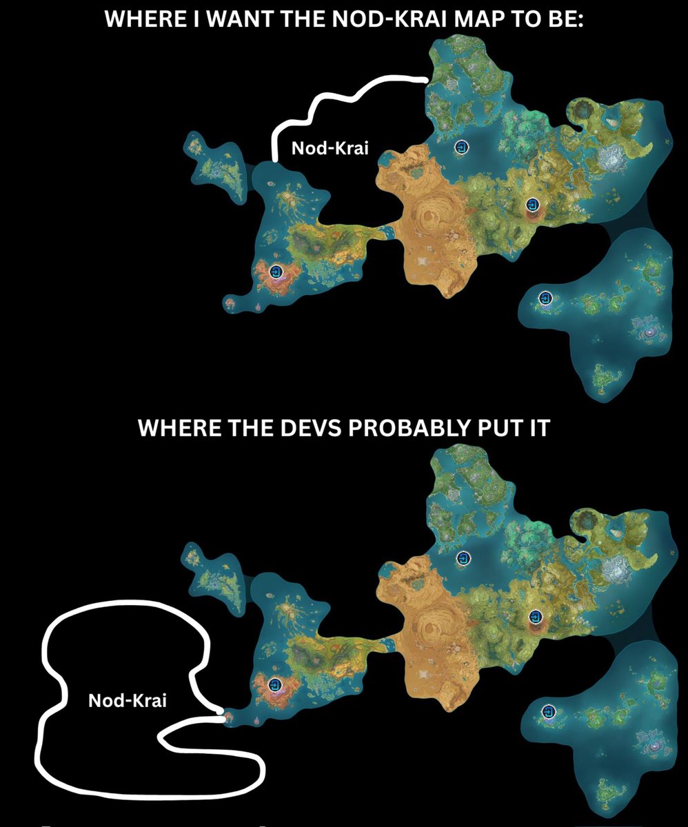 Where we want the Nod-Krai map to be vs where the devs probably put it:

I know it's probably north but the way genshin map is designed so far this is not far off reality 😅 if not nor krai there will something there like that 

©️ u/PlayfulRub3300

#Genshinlmpact #Genshin