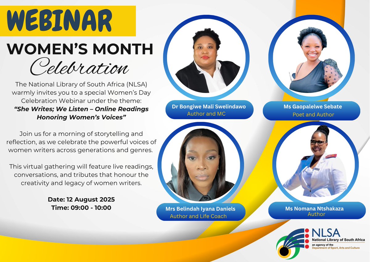 National Library of South Africa (@nlsa1) on Twitter photo Happy Women's Month!
Join us as we celebrate this special month under the theme, " She writes, We listen-Online readings honoring Women's voices"
To register click on the link below:
events.teams.microsoft.com/event/804a8790…
<a href="/SportArtsCultur/">Department of Sport, Arts and Culture</a>
@GCIS
#WomensMonth2025 Happy Women's Month!
Join us as we celebrate this special month under the theme, " She writes, We listen-Online readings honoring Women's voices"
To register click on the link below:
events.teams.microsoft.com/event/804a8790…
<a href="/SportArtsCultur/">Department of Sport, Arts and Culture</a>
@GCIS
#WomensMonth2025