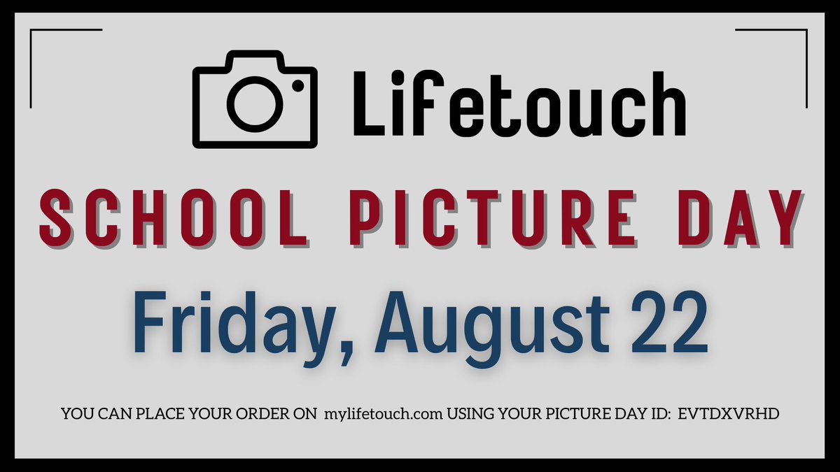 📸 Picture Day is Coming! 

Mark your calendars — School Picture Day is Friday, August 22!

Order your photos ahead of time at mylifetouch.com using Picture Day ID: EVTDXVRHD.

Let’s see those bright smiles and fresh first-day outfits! 😄✨