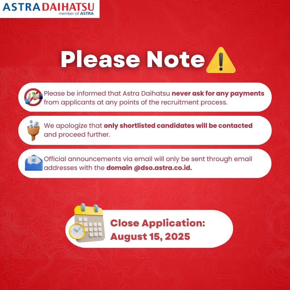 [INTERNSHIP OPPORTUNITY]

📍 Placement: Head Office, Sunter
PT Astra Internasional Tbk. - Daihatsu Sales Operation