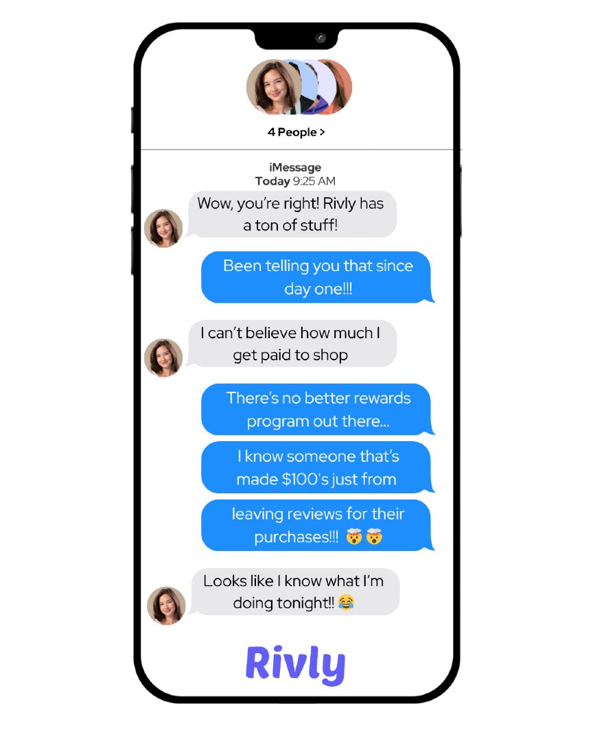 Don't be the one in the group chat that misses out!  Sign up today to get on the waiting list to shop at Rivly.com.  After signing up, you'll receive a referral link to invite your friends and family for a chance at $5,000 or potentially Millions in stock!