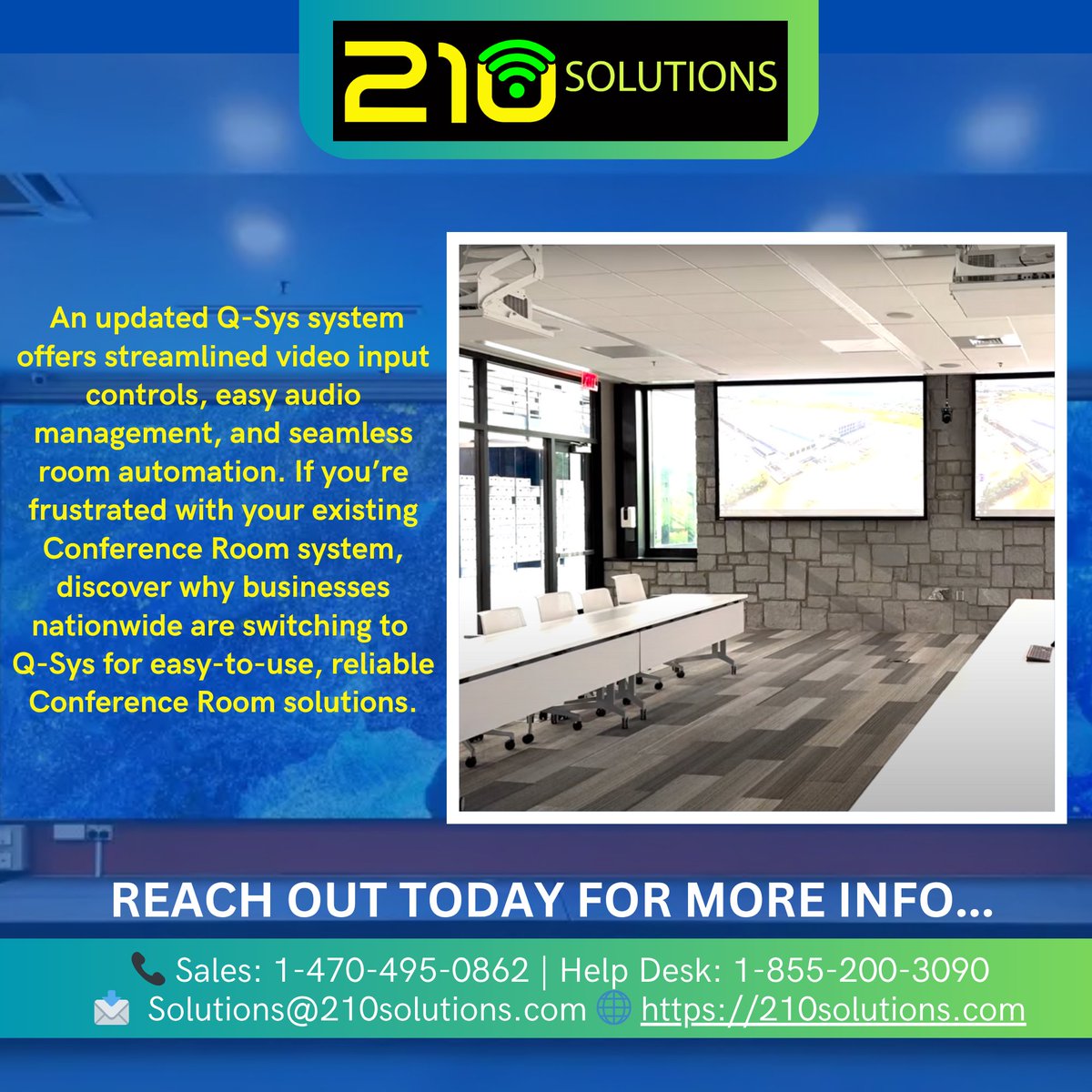 210Solutions's tweet image. Looking for a simple conference room control system that’s intuitive and reliable?
An updated Q-Sys system offers streamlined video input controls, easy audio management, and seamless room automation.
#ConferenceRoomTech #BusinessSolutions #AutomatedTechnology