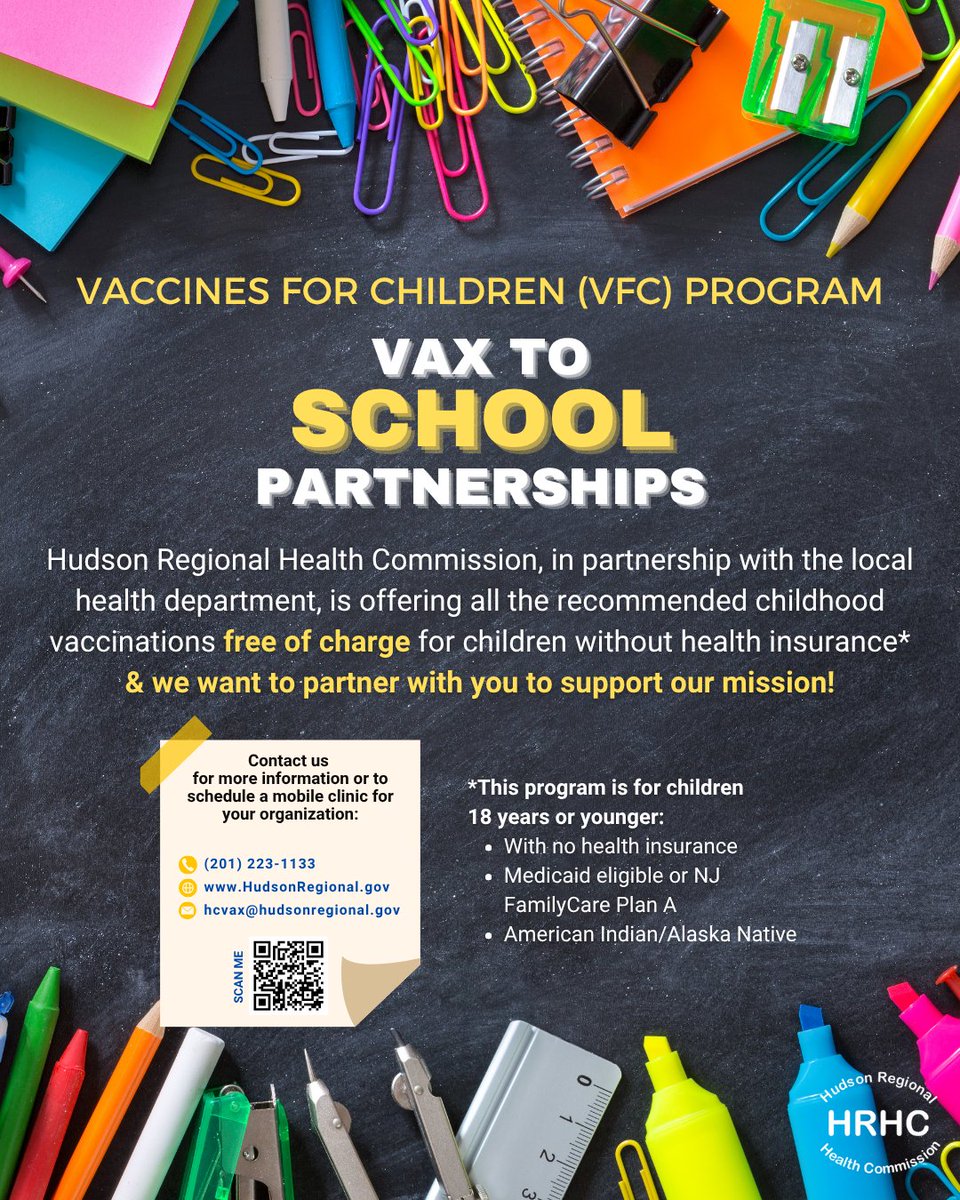 Hudson Regional Health Commission (@hudsonreghealth) on Twitter photo Are you a school or childcare center?
Hudson Regional Health Commission provides FREE vaccines for uninsured students and children.
Contact us today! Email HCVax@hudsonregional.gov Are you a school or childcare center?
Hudson Regional Health Commission provides FREE vaccines for uninsured students and children.
Contact us today! Email HCVax@hudsonregional.gov