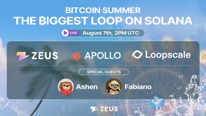 Solana上比特币夏日循环活动横幅，展示Zeus、Apollo和Loopscale标志及特别嘉宾Ashen与Fabiano