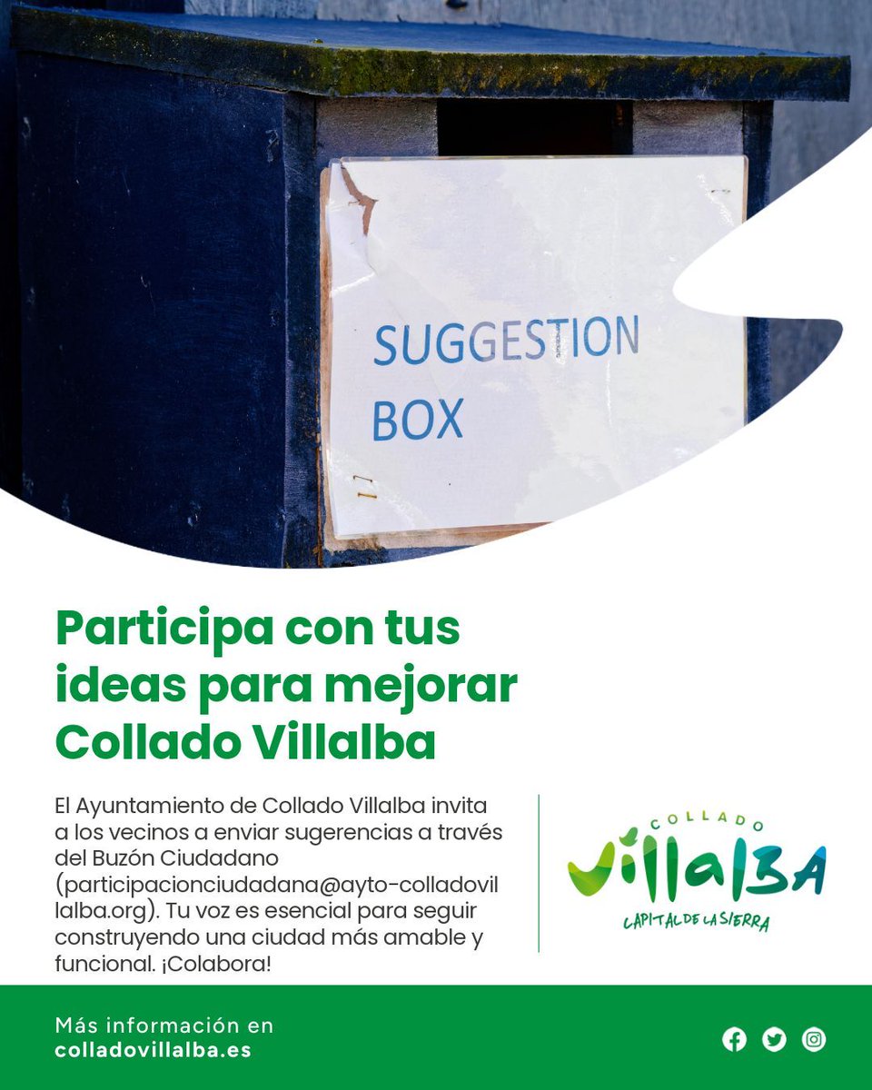Ayuntamiento de Collado Villalba (@ayuntamientocv) on Twitter photo 💡 ¡Tu opinión construye #ColladoVillalba! 🏡
¿Tienes ideas para mejorar nuestra ciudad? 📢
📩 Envíalas al Buzón Ciudadano:
✉️ participacionciudadana@ayto-colladovillalba.org
🗳️ ¡Juntos hacemos un pueblo mejor! #ParticipaCV 💡 ¡Tu opinión construye #ColladoVillalba! 🏡
¿Tienes ideas para mejorar nuestra ciudad? 📢
📩 Envíalas al Buzón Ciudadano:
✉️ participacionciudadana@ayto-colladovillalba.org
🗳️ ¡Juntos hacemos un pueblo mejor! #ParticipaCV