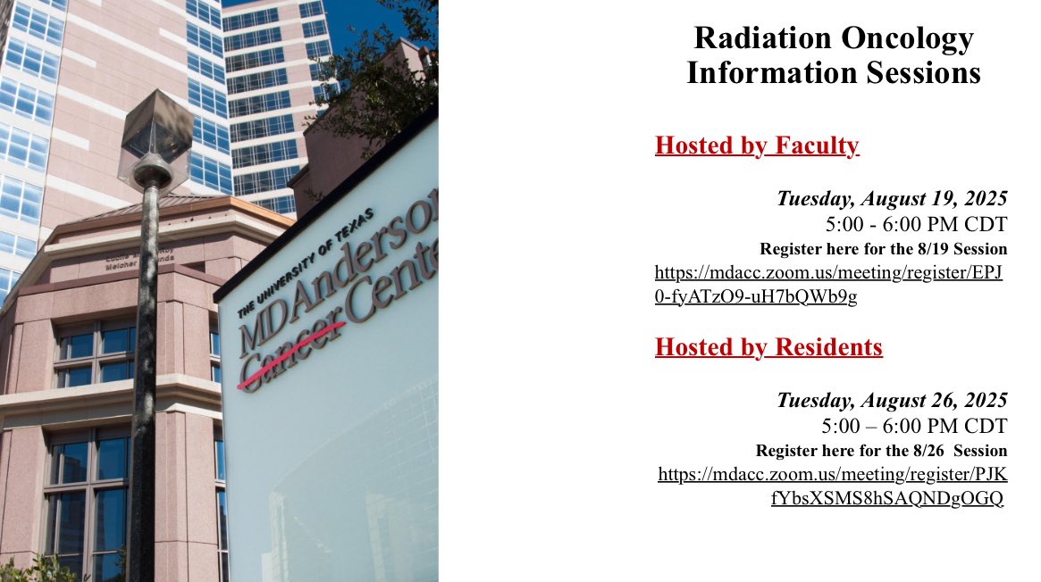 Calling Rad Onc MS4s 📣: the MD Anderson Radiation Oncology residency program will be hosting 2️⃣ virtual meet &amp; greet sessions this month. Session with faculty is 8/19 and one with residents is 8/26. We look forward to seeing you there! #meded #Match2026 #radonc #medstudent