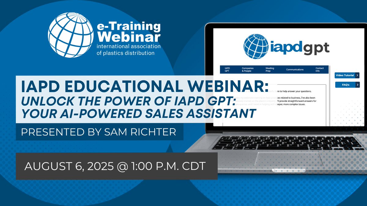 🖥️ Join us for the next IAPD Educational Webinar on Wednesday, August 6, 2025! AI expert Sam Richter will showcase how the new IAPD GPT can transform the way you prospect, prepare for meetings and engage with customers. 

ow.ly/SSSZ50WyS23

#PerformancePlastics #AI