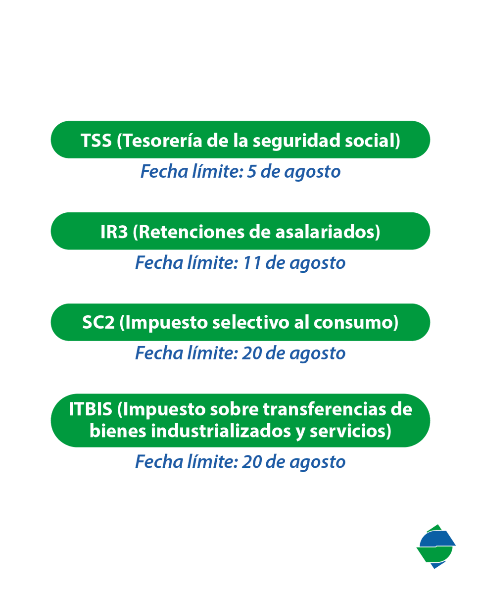 Te recordamos las fechas límites de pago de los impuestos del mes de agosto, 2025.

Mantente al día con tus compromisos fiscales pagando desde #BSCenLínea o tu #AppBSC, donde sea y cuando sea.

Si necesitas asistencia, comunícate con nosotros al 📞 809-726-1000.