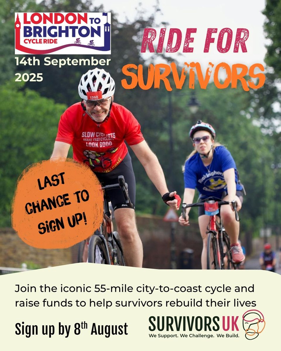 SurvivorsUK's tweet image. Last chance to join Team SurvivorsUK in this year&apos;s London to Brighton Bike Ride! 🚴‍♂️

Don&apos;t miss out on this unforgettable challenge and help raise funds to change the lives of male, NB and trans survivors for the better.

👉  Book now: londonbrightoncycle.co.uk

 #CycleChallenge