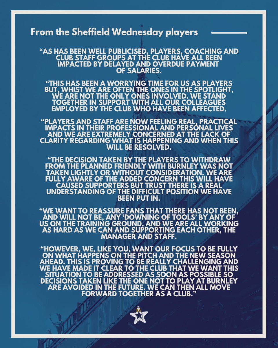 The statement from Sheffield Wednesday’s players is a strong one.

It voices their concerns, shows solidarity, reassures fans that they’re committed to the cause, and also implies that further action will be taken if needed.

“We can then all move forward together as a club.”