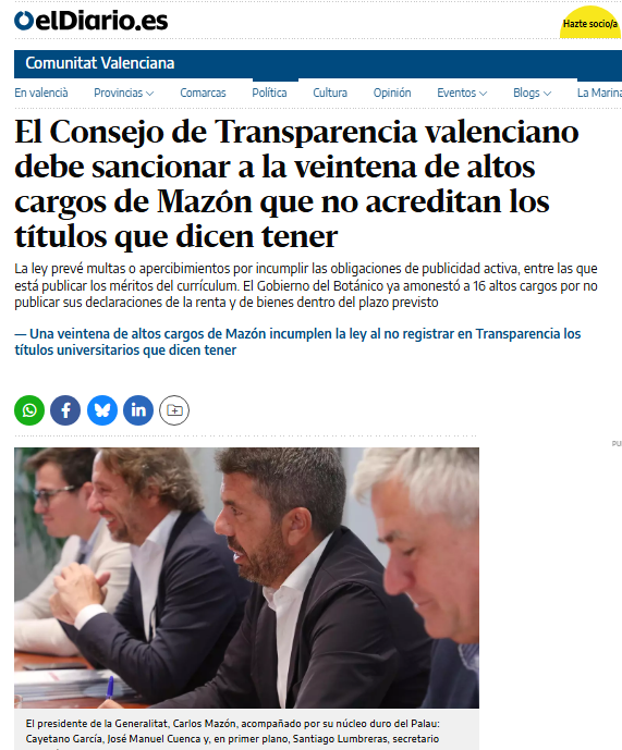 Javier Sendra, número dos de la Conselleria de Infraestructuras del gobierno de Mazón, mintió en su titulación académica asegurado tener un master y se encuentra entre los 20 altos cargos que incumplen la ley porque no publican su titulación como marca la ley de Transparencia.