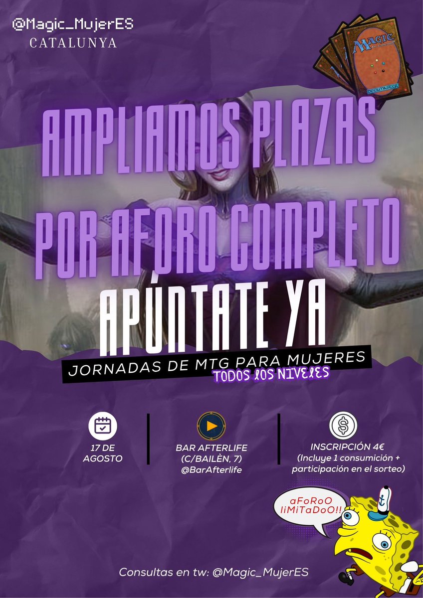 La jornada de Magic Mujeres en Barcelona del 17 de agosto ha petado el aforo! 🖤🧙‍♀️
Pero buenas noticias: ¡hemos abierto unas pocas plazas extra!

No te lo pienses mucho… ¡se acaban ya!

MDs abiertos tanto aquí como instagram para la info 💜