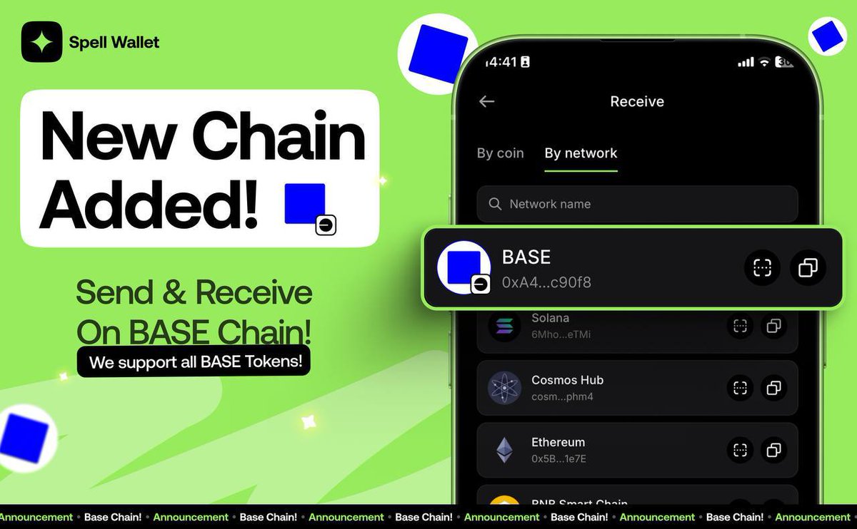 🪙 Breaking! Base Chain /@base is now Available! Base is now supported in  Spell Wallet! 🔥 🪙 Send & Receive your favourite tokens on @base chain! 🪙  Spell Wallet now supports all