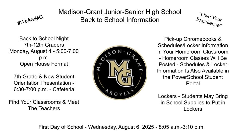 Back to School Night is tonight from 5:00-7:00 p.m.  We will have 7th Grade &amp; New Student Orientation at 6:30 p.m. in the Cafeteria.  We look forward to seeing our students again tonight to start "Owning Their Excellence!"  First day of school is Wed. - 8:05 a.m. start.  #WeAreMG