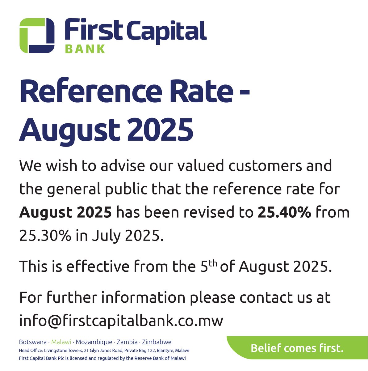 Customers are asked to kindly take note of the revised reference rate for August.