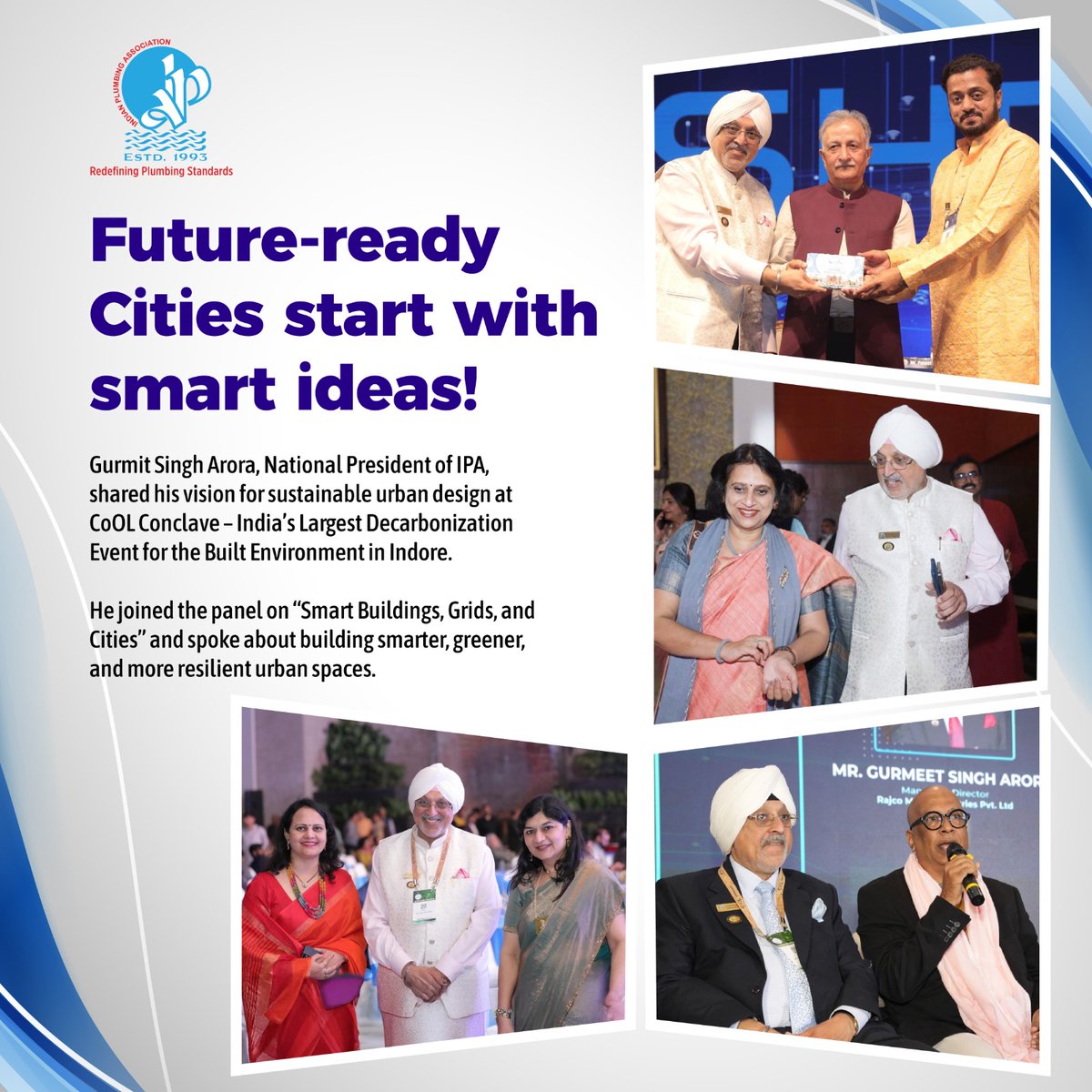 Future-ready cities need future-ready minds!
Gurmit Singh Arora, IPA President, shared his insights on sustainable urban design at CoOL Conclave, Indore-  India’s top decarbonization event.
#SmartCities #GreenBuildings #CoOLConclave #UrbanInnovation #IPANews