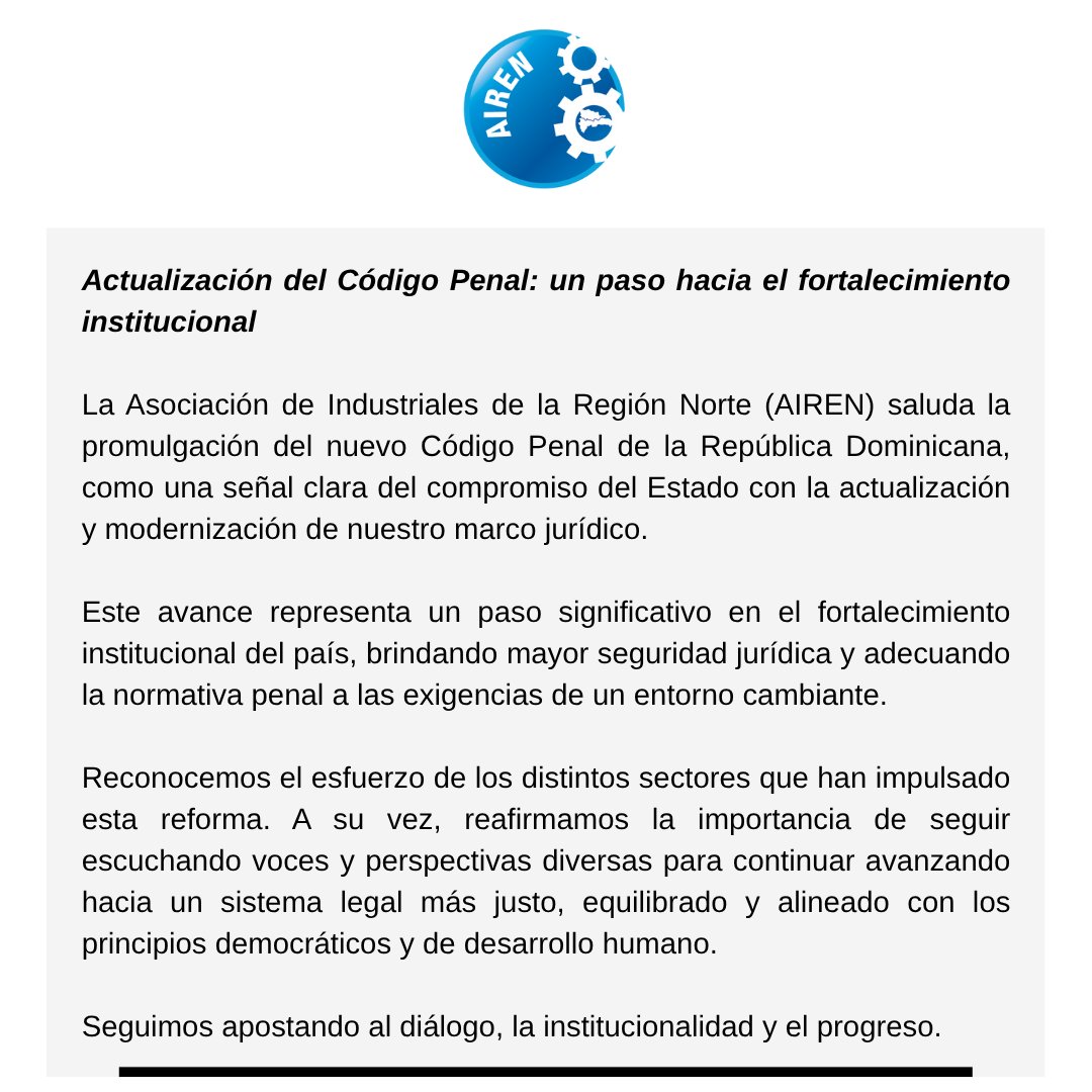 La promulgación del nuevo #CódigoPenalRD 
Un paso importante hacia la modernización institucional.

#AIRENRD #IndustriaResponsable
