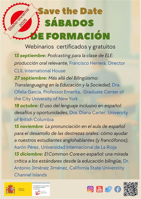 📢 ¡Vuelven los Sábados de Formación este otoño!
Webinarios gratuitos y certificados para profesores de español. Próxima sesión: 13 de septiembre
🎙 Podcasting para la clase de ELE con Francisco Herrera.
🗓 ¡Reserva las fechas y acompáñanos!
🔗 tinyurl.com/ELEPodcast