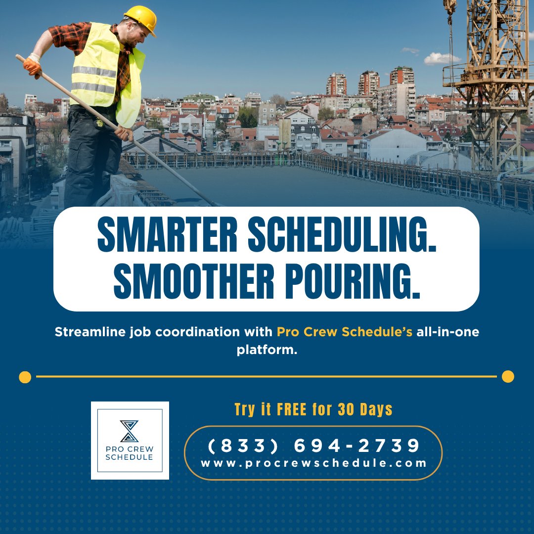 Pro Crew Schedule (@procrewschedule) on Twitter photo ⏱️💰 Time is money in concrete construction.
From pouring slabs to managing crews, delays cost you. Pro Crew Schedule is the all-in-one tool built for concrete pros.
âś… Free 30-day trial
âś… Mobile-ready
âś… Cloud-based
📲 Start now: procrewschedule.com/sign-up-30-day…
#ConcreteContractor ⏱️💰 Time is money in concrete construction.
From pouring slabs to managing crews, delays cost you. Pro Crew Schedule is the all-in-one tool built for concrete pros.
âś… Free 30-day trial
âś… Mobile-ready
âś… Cloud-based
📲 Start now: procrewschedule.com/sign-up-30-day…
#ConcreteContractor