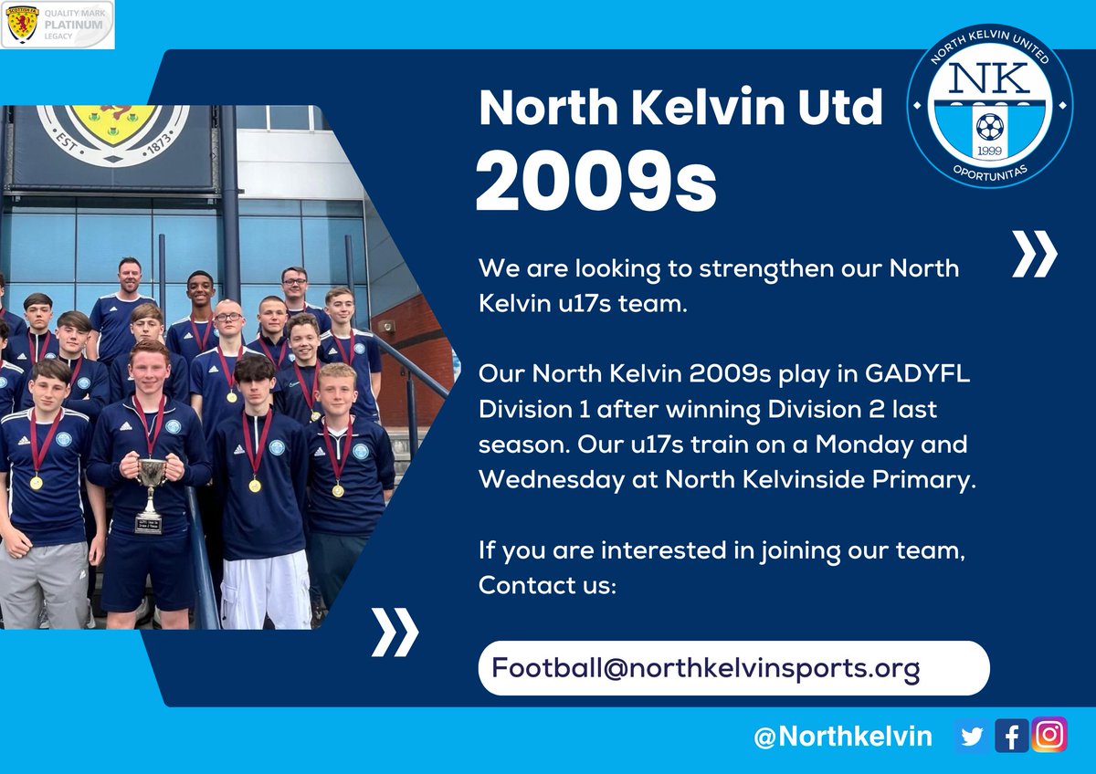 North Kelvin Sports (@northkelvin) on Twitter photo NORTH KELVIN UTD 2009S โฝ๏ธ | Our North Kelvin Utd 2009s are looking to strengthen their team for the upcoming season ๐ Our u17s won their league last season and are now playing in the GADYFL Division 1 ๐ If you are interested please contact us, Football@northkelvinsports.org NORTH KELVIN UTD 2009S โฝ๏ธ | Our North Kelvin Utd 2009s are looking to strengthen their team for the upcoming season ๐ Our u17s won their league last season and are now playing in the GADYFL Division 1 ๐ If you are interested please contact us, Football@northkelvinsports.org