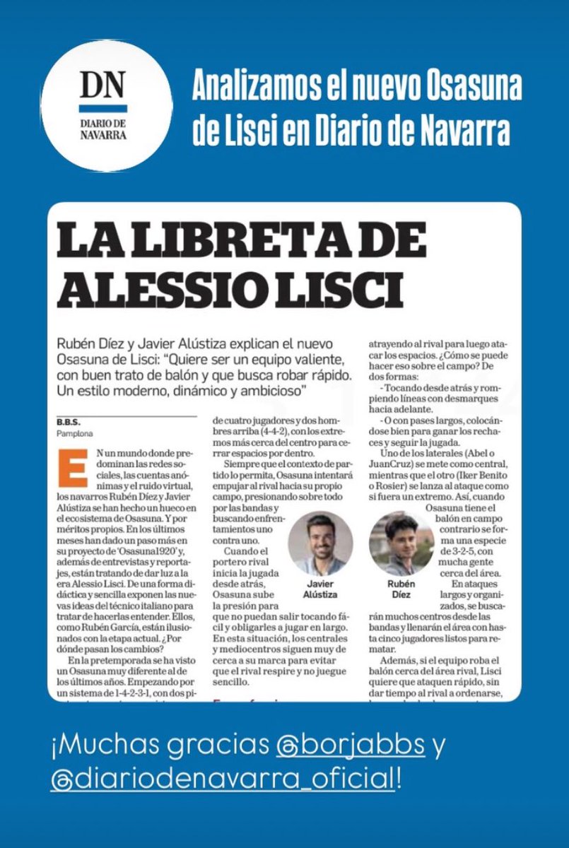 🗞️  La libreta de Alessio Lisci

Ya podéis leer nuestro análisis del nuevo Osasuna de Lisci en Diario de Navarra.

<a href="/JavierAlustizaQ/">Javier Alústiza</a> 
<a href="/AOsasunita2/">Rubén Díez</a> 

¡Muchas gracias <a href="/borjabbs/">Borja Bernarte</a> !