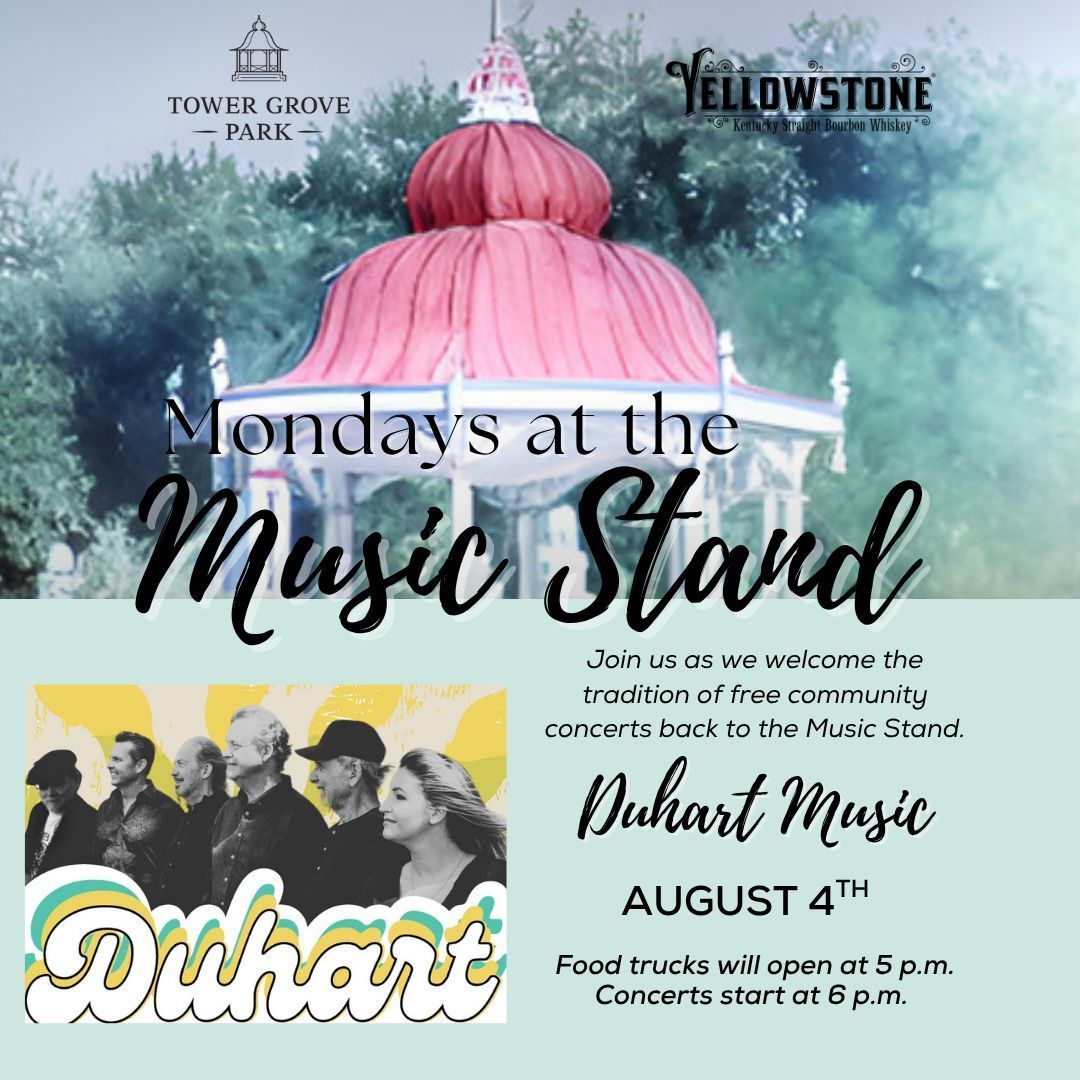Join us this Monday, August 4 in the Park for Mondays at the Music Stand for the music of Duhart!  Food trucks available.

For more information, visit buff.ly/XpEwXgb.
#MondaysattheMusicStand #StLouisMusic #LiveMusicSTL #TheTrophyMules #TowerGrovePark