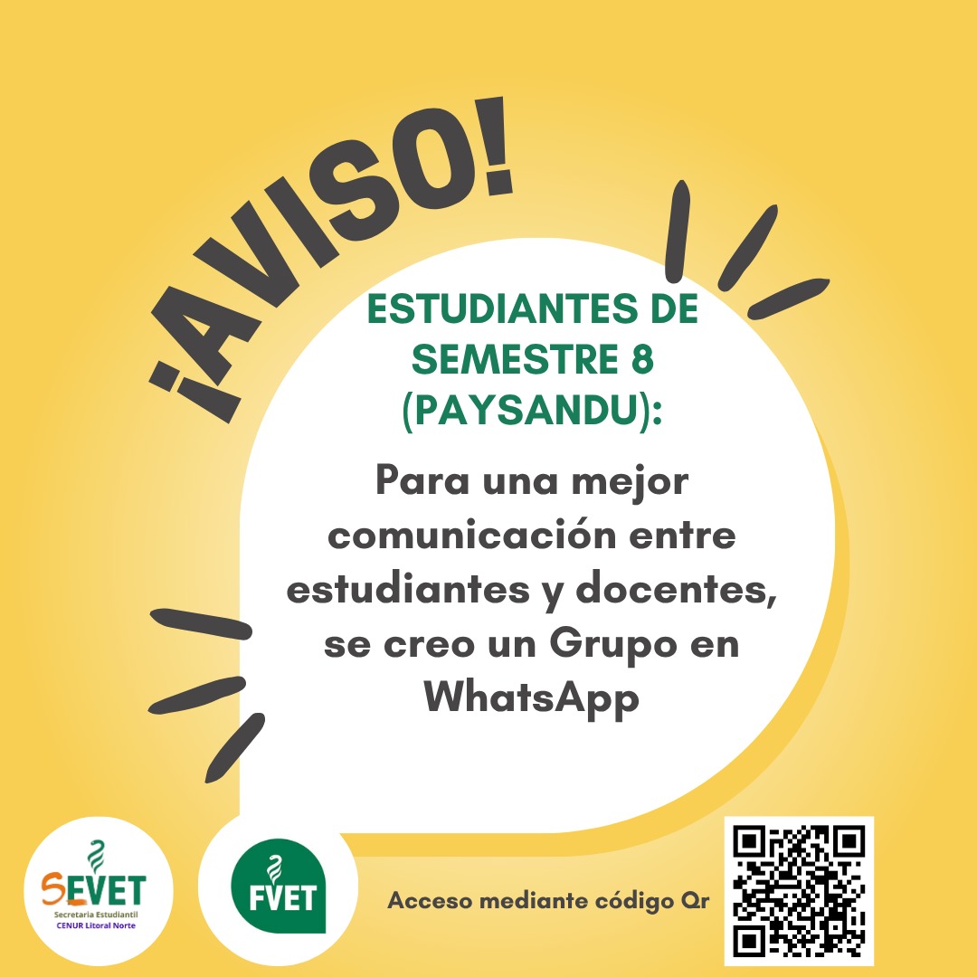¡¡¡ATENCION ESTUDIANTES DE CENUR LITORAL NORTE !!!

Se encuentra disponible un grupo de WhatsApp para estudiantes que cursen el Semestre 8 en la ciudad de Paysandú.

chat.whatsapp.com/FGARcoARkdU873…

Estamos a las ordenes!!