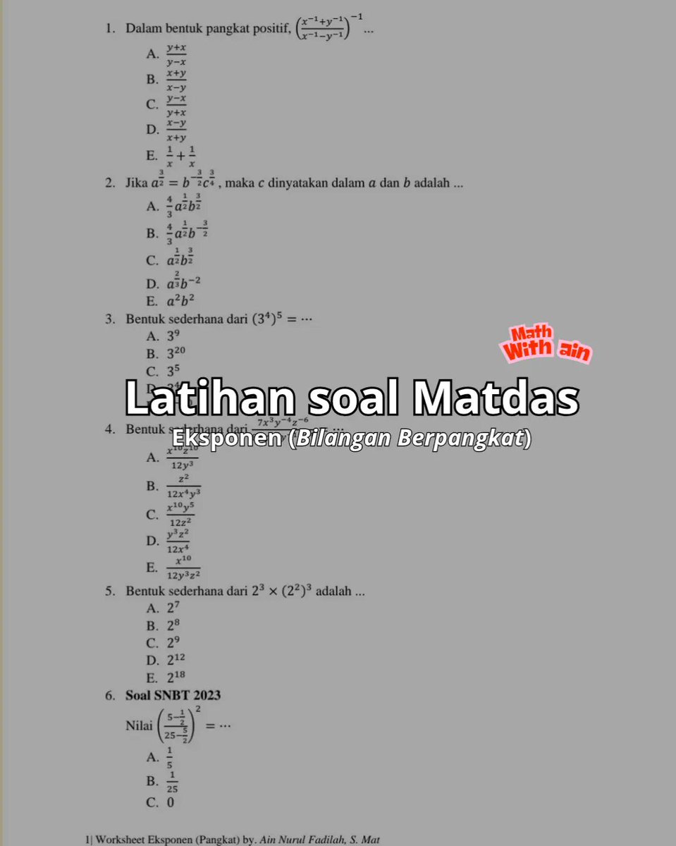ainnf's tweet image. Latihan soal Matdas (Eksponen - bilangan berpangkat)

#eksponen #matdas #bilanganberpangkat #matematikadasar #matematikasma #soalmatematika #belajaronline