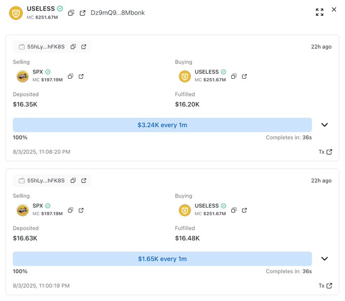 クジラがSPX6900からUseless Coinに3.27万ドル移動したトランザクションスクリーンショット