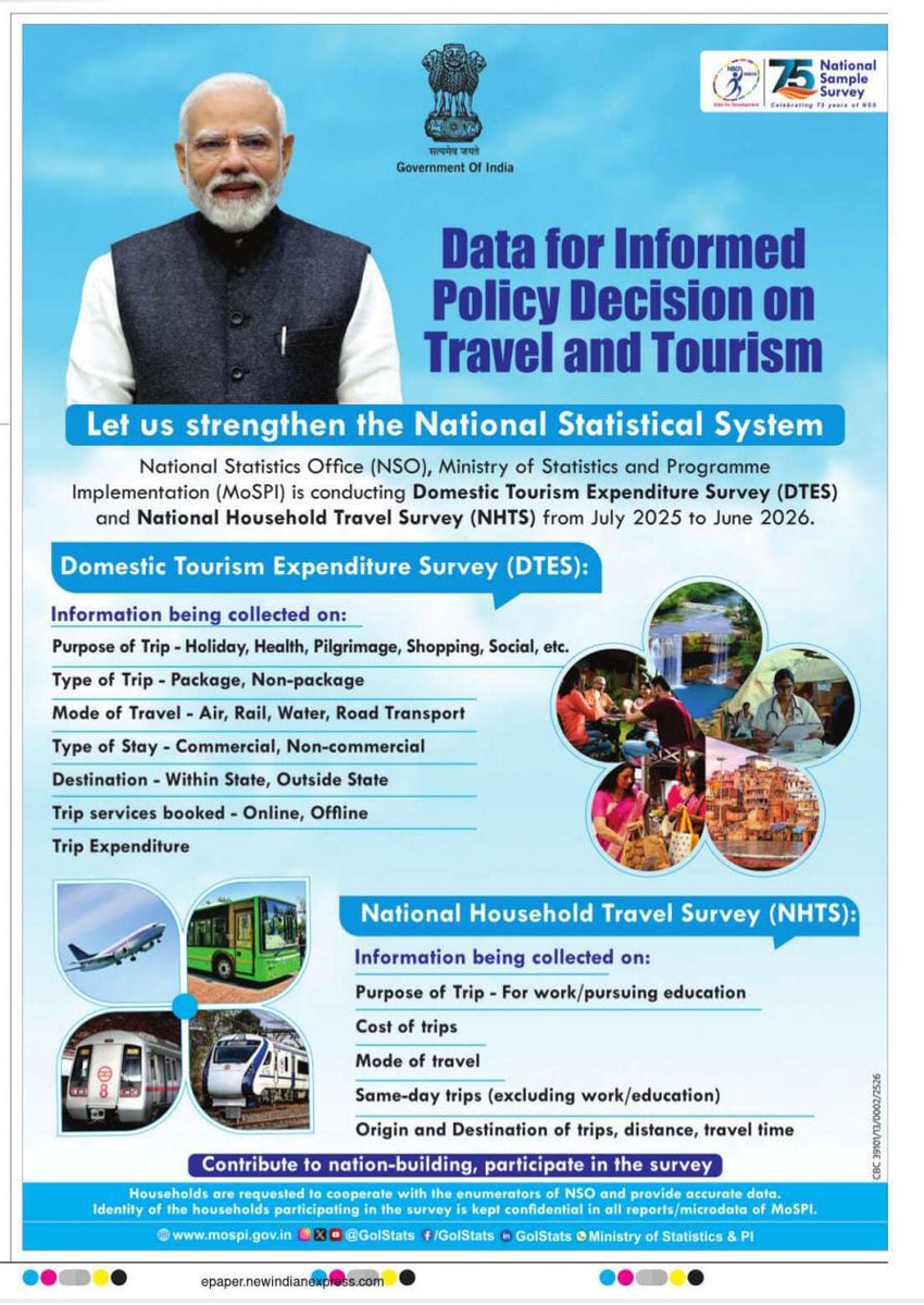 DRM Secunderabad (@drmsecunderabad) on Twitter photo On the request of the Ministry of Railways <a href="/RailMinIndia/">Ministry of Railways</a>. <a href="/SCRailwayIndia/">South Central Railway</a> Ministry of Statistics and Programme @Pibmospi Implementation is conducting National Household Travel Survey (NHTS) from July 2025 to June 2026.
Your data matters.
#IndiaStats #MoSPI #NHTS On the request of the Ministry of Railways <a href="/RailMinIndia/">Ministry of Railways</a>. <a href="/SCRailwayIndia/">South Central Railway</a> Ministry of Statistics and Programme @Pibmospi Implementation is conducting National Household Travel Survey (NHTS) from July 2025 to June 2026.
Your data matters.
#IndiaStats #MoSPI #NHTS
