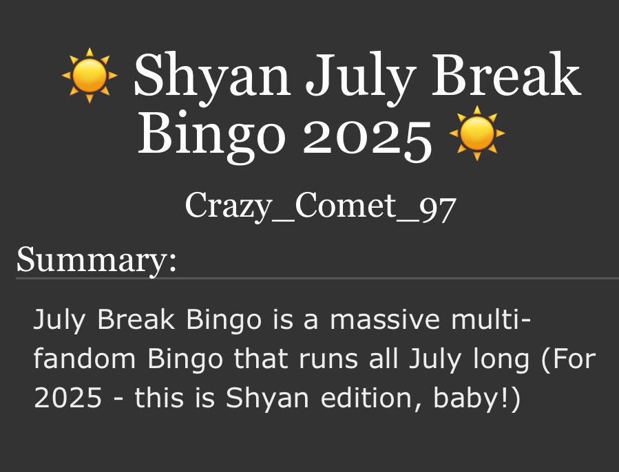 Crazy_Comet_97's tweet image. ☀️ Shyan July Break Bingo 2025 ☀️ by Crazy_Comet_97 - Multifandom archiveofourown.org/works/68059031 via @ao3org #buzzfeed #buzzfeedunsolved #watcher #watchertv #shyan #skepticbeliever #fanfic #fanfiction
