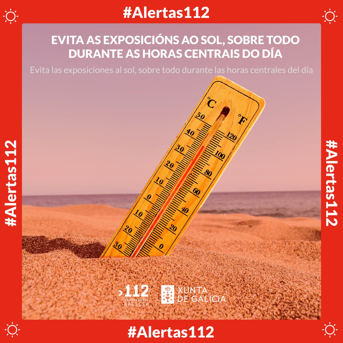 ☀️ A calor segue pegando forte en Galicia!

Hai zonas en alerta vermella e laranxa, así que toca coidarse.

💧 Mantente hidratado
🌿 Busca un lugar fresquiño e á sombra
🧓 Coida especialmente das persoas vulnerables

🔗 Para máis info, consulta aquí: axega112.gal/gl/alertas_act…