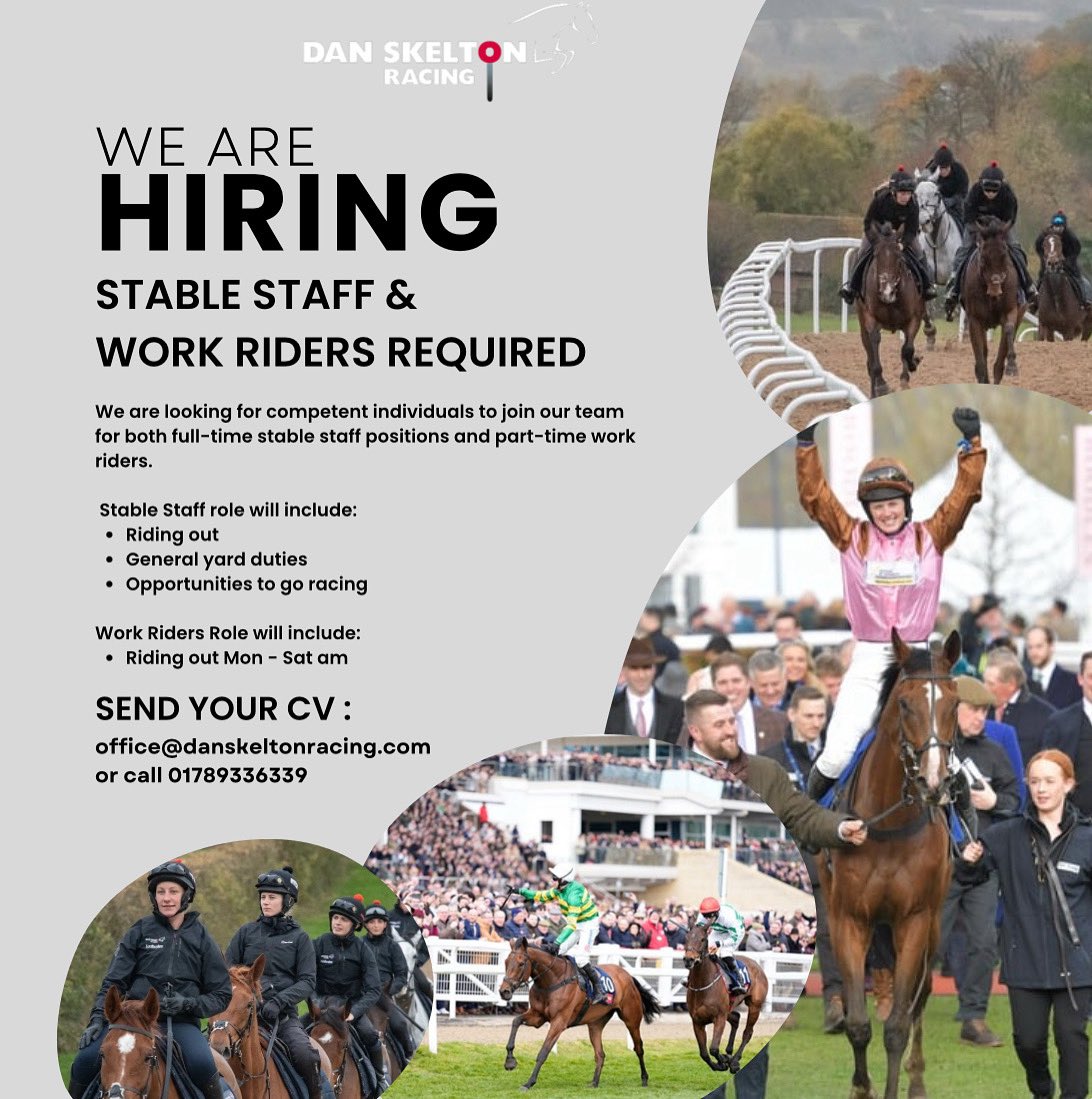 💫WE ARE HIRING!! 💫

Join team Skelton 🏇🏻 Due to growing numbers of horses we are looking to recruit more staff

Contact us:
📧 office@danskeltonracing.com or 📞 01789 336339 

#teamskelton