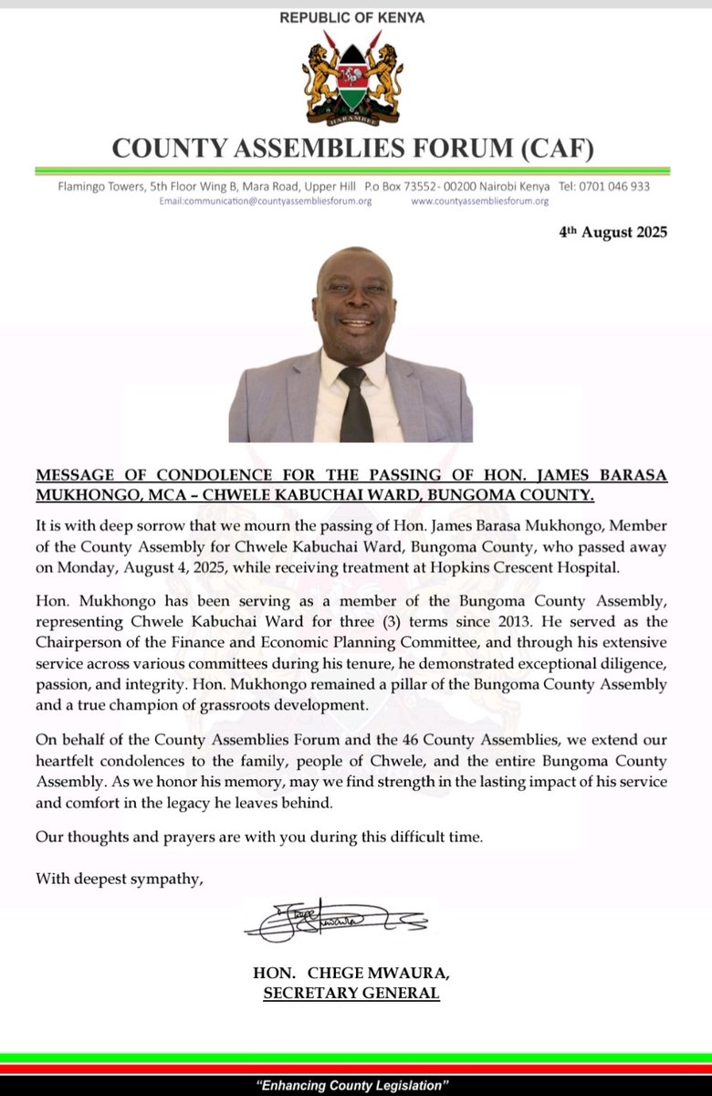 Our heartfelt condolences for the loss of Hon. James Barasa Mukhongo, MCA- Chwele Kabuchai Ward Bungoma County.