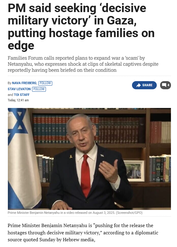 8 hostages were freed via military force.

Roughly 140 were freed pursuant to negotiations with Hamas.

There is a clear formula that works, but Netanyahu wants perpetual war—subsidized by the American taxpayer.

This is a pretext for more slaughter and permanent occupation.
