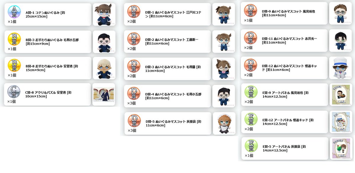 名探偵コナン　セガラッキーくじオンライン
コナンカフェ　交換　譲渡

譲→A賞コナン、B賞小五郎、安室、C賞安室、D賞コナン、新一、蘭、灰原、赤井、キッド、風見、E賞キッド、風見
求→B,C,賞諸伏高明or定価+送料
B,D,E賞上原(各1)、C,E賞大和(各1)

初回プロカorリトリン必読
条件はリプにて