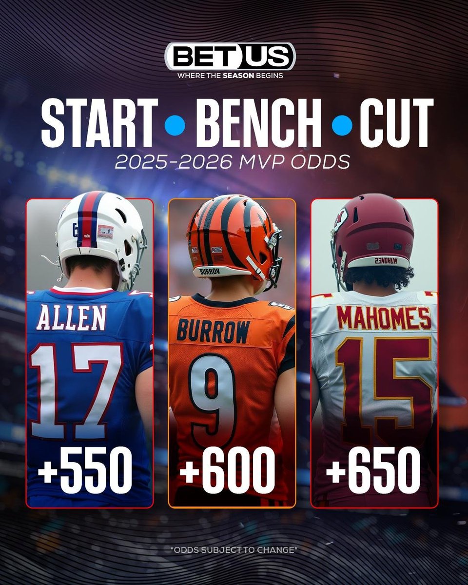 BetUSProFB's tweet photo. One Month to Kickoff!
Letโs settle this ๐จ
Start, Bench, Cut with these QBs โฌ
โซ Josh Allen (+550)
โซ Joe Burrow (+600)
โซ Patrick Mahomes (+650)
#NFL #StartBenchCut @BetUS_Official https://t.co/6Z8n2XKREj