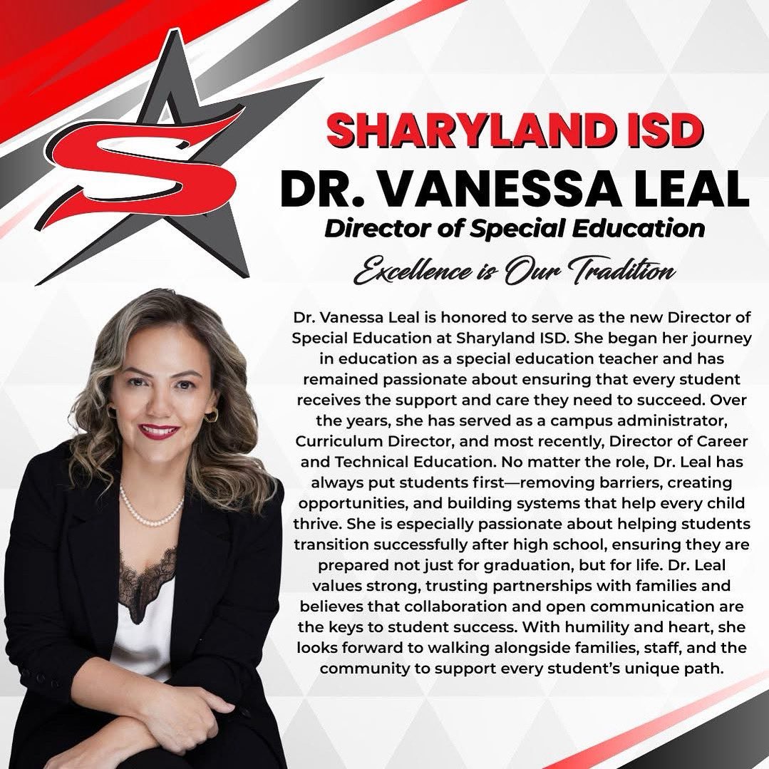 📅 Happening Today!
💬 Meet &amp; Greet with Dr. Vanessa Leal
👥 Staff: 3:30–4:30 PM
👨‍👩‍👧‍👦 Parents &amp; Community: 5:00–6:00 PM
📍 Service Center – Rattler Room
📌 1200 N. Shary Road, Mission, TX 78572

📢 Meet Our New Director of Special Education!
Sharyland ISD is proud to welcome Dr.