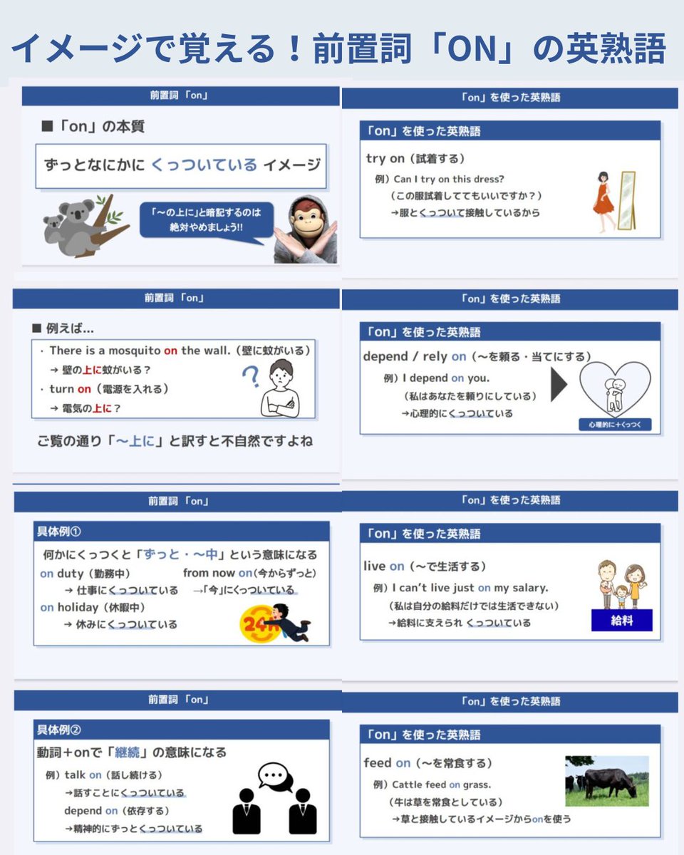 学校では教えてくれない『イメージで覚える前置詞'on'の英熟語』をまとめました。「on=上に」って覚えてた人は要注意。このイメージをとらえたら英語の表現力は爆アガリするから、ブクマ推奨！留学なし独学で英検1級・TOEIC970点とった僕の、大人気の神教材は固定ポストです。