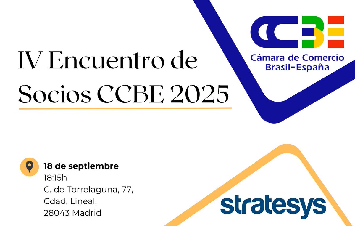 🔹 IV encuentro de Socios CCBE
Nueva edición de nuestro foro bimensual en el que podemos compartir intereses e inquietudes entre nuestros asociados.
En esta ocasión, con la colaboración de <a href="/stratesys/">stratesys</a> 
📍 18 de septiembre. 18:15h.
C/ Torrelaguna 77- Madrid
ccbe.es/events/iv-encu…