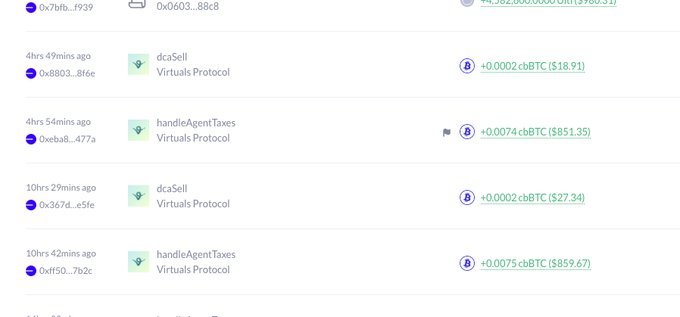 Screenshot of Virtuals Protocol transactions showing dcaSell and handleAgentTaxes