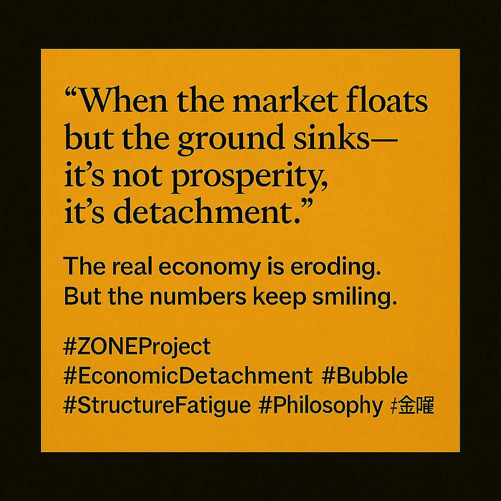 morikei20's tweet image. “When the market floats but the ground sinks —
it’s not prosperity, it’s detachment.”

The real economy is eroding.
But the numbers keep smiling.

#ZONEProject #EconomicDetachment #Bubble #StructureFatigue #Philosophy