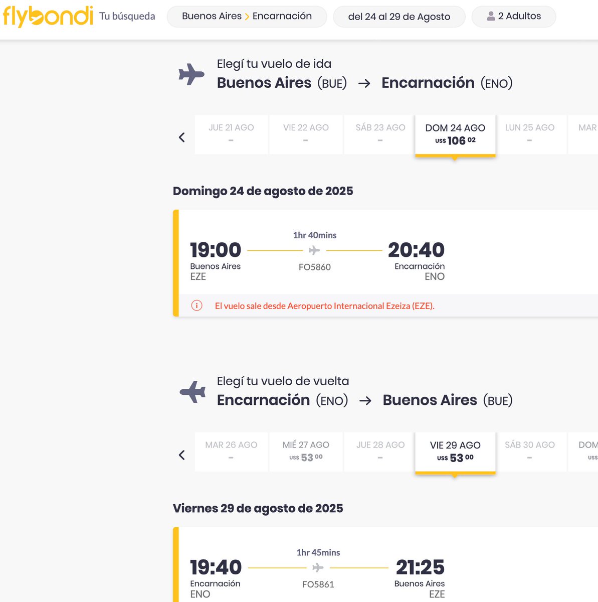 Angie Duarte (@angieduartepy) on Twitter photo ✈️ ¡Hola, Encarnación!
Desde el 24 de agosto, <a href="/flybondioficial/">flybondi</a> conectará Buenos Aires (Ezeiza) con Encarnación con vuelos directos.
🕖 Salida desde Buenos Aires: 19:00 hs
🕗 Llegada a Encarnación: 20:40 hs
🕘 Salida desde Encarnación: 21:40 hs
🕚 Llegada a Buenos Aires: 23:25 hs ✈️ ¡Hola, Encarnación!
Desde el 24 de agosto, <a href="/flybondioficial/">flybondi</a> conectará Buenos Aires (Ezeiza) con Encarnación con vuelos directos.
🕖 Salida desde Buenos Aires: 19:00 hs
🕗 Llegada a Encarnación: 20:40 hs
🕘 Salida desde Encarnación: 21:40 hs
🕚 Llegada a Buenos Aires: 23:25 hs