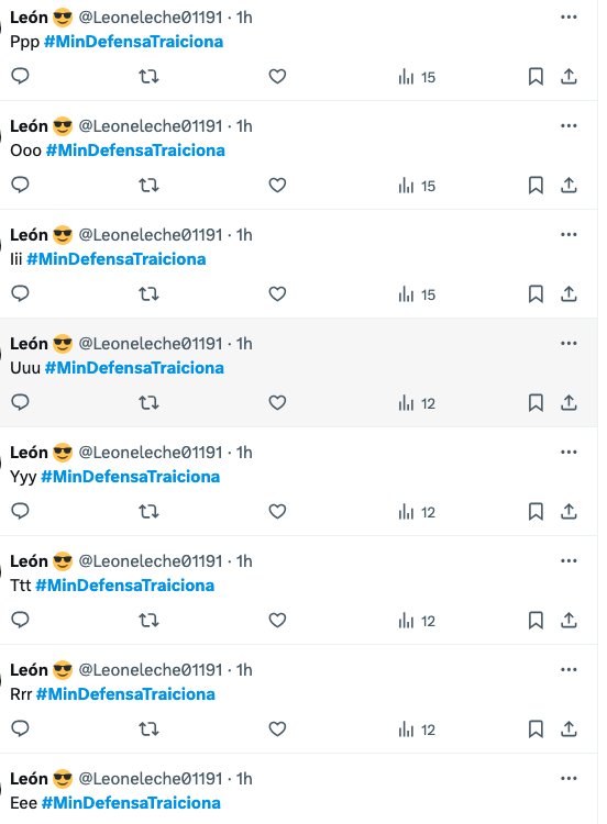 La segunda operación de influencia activa desde ayer y que en este momento está activa va en contra de <a href="/PedroSanchezCol/">Pedro Arnulfo Sanchez S. Orgullosamente Colombiano</a>. Esta incluye bots. Como este: Intentan posicionar el tag #MindefensaTraiciona