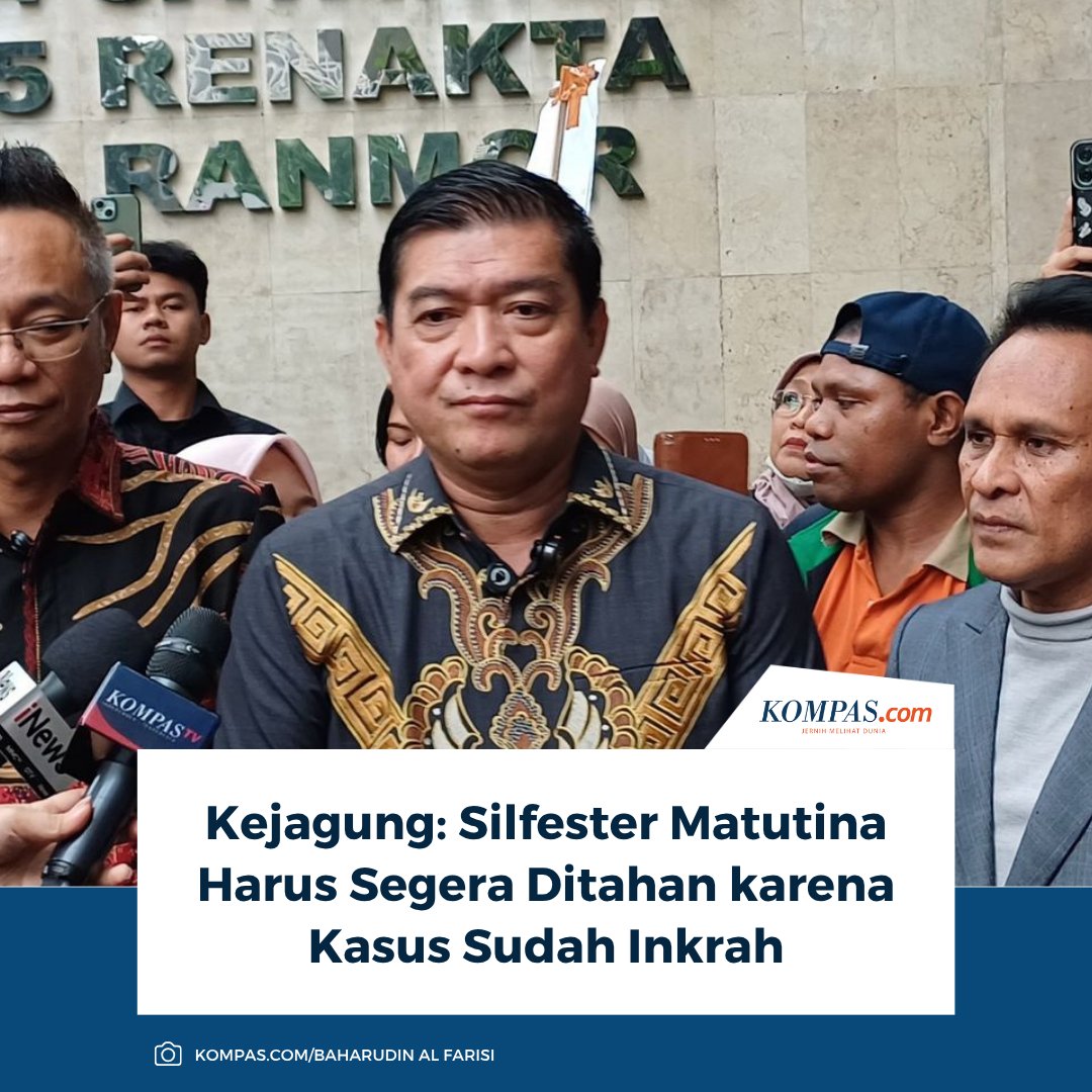Kejaksaan Agung (Kejagung) menyatakan Ketua Umum Solidaritas Merah Putih (Solmet), Silfester Matutina, yang sudah divonis 1,5 tahun penjara harus segera ditahan.

👉 Baca selengkapnya nasional.kompas.com/read/2025/08/0…

~LL #silfestermatutina #jusufkalla
